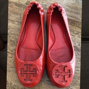 Tory Burch flame orange patent flats